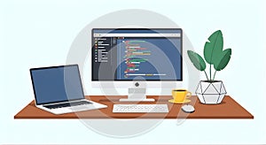 Programming workstation setup with desktop computer, laptop, code on screen, coffee and plant