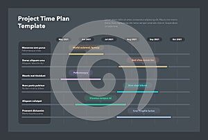 Modern project time plan business template with six project tasks in time intervals - dark version