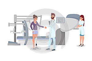 Modern prosthetics flat vector illustration. Happy doctor, surgeon and woman with artificial limb characters. Successful