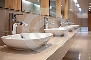 Modern public bathroom concept row of white ceramic washbasins, faucets