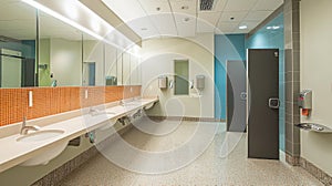 Modern Public Bathroom with Multiple Sinks and Tile Accents