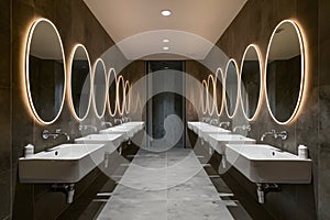 Modern public bathroom with row of white ceramic wash sinks