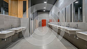 Modern Public Bathroom with Rows of Sinks and Mirrors