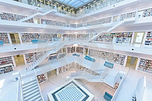 Modern Public City Library - STUTTGART, GERMANY - White interior with many white staircases. Beautiful mordern architecture