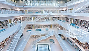 Modern Public City Library - STUTTGART, GERMANY - White interior with many white staircases. Beautiful mordern architecture