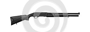 Modern pump-action shotgun with a plastic butt and fore-end isolate on a white back. Weapons for sports and self-defense. Armament