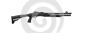 Modern pump action tactical shotgun isolate on a white background. Armament of the police, army and special units. Weapons for