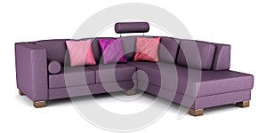 Modern purple leather couch with pillows isolated