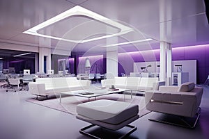 modern purple room with white desks and couches