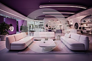 modern purple room with white desks and couches