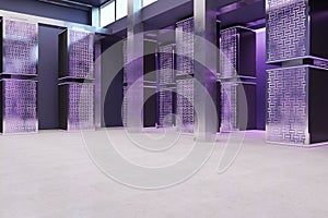 Modern purple server room interior. Database and technology concept.