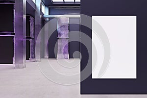 Modern purple server room interior with empty mock up poster. Database and technology concept. 3D Rendering