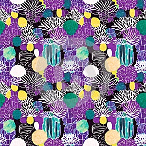 Modern purple summer collage paper cut out shapes pattern with fabric effect design. Seamless fun nature inspired photo