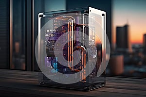 modern quantum computer in a glass case. Neural network AI generated