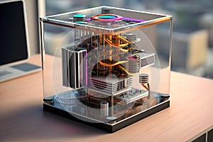 modern quantum computer in a glass case. Neural network AI generated