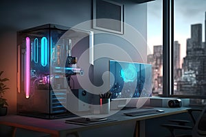 modern quantum computer in a glass case. Neural network AI generated