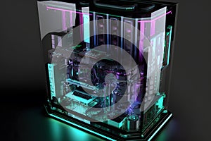 modern quantum computer in a glass case. Neural network AI generated