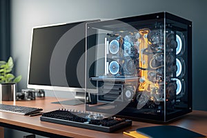 modern quantum computer in a glass case. Neural network AI generated