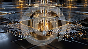 modern quantum computer processor core in golden cryostat
