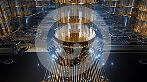 modern quantum computer processor core in golden cryostat