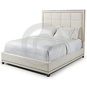 Modern queen-size bed isolated on white background