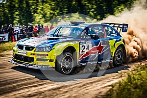 Modern racing car in full throttle action. rally racing close-up photograph