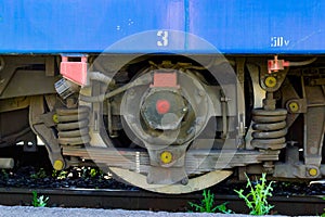 Modern railway pair of wheels with shock absorbers on rails