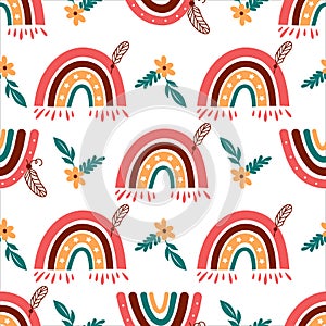 Modern rainbow pattern, Doodle rainbow background. Baby rainbow pattern on white background, Vector seamless pattern