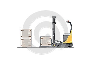 Modern reach truck forklift with cargo.