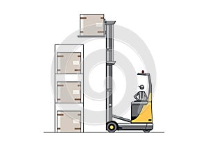 Modern reach truck forklift next to the racks