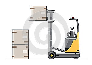 Modern reach truck forklift with the operator and cargo