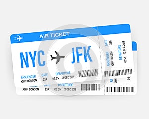 Modern and realistic airline ticket design with flight time and passenger name. Vector stock illustration.