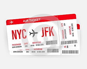 Modern and realistic airline ticket design with flight time and passenger name. Vector stock illustration.