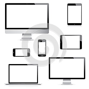 Modern realistic computer, laptop, tablet and smartphone vectors set