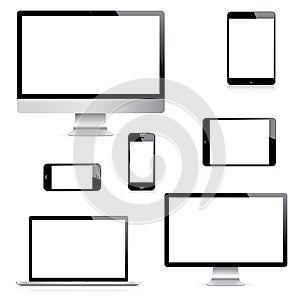 Modern realistic computer, laptop, tablet and smartphone vectors set photo