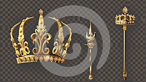 Modern realistic golden crown and sceptre for a king or queen. Middle Ages diadem with monarchy rod for princes