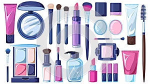 Modern realistic illustration of 3D lipstick, powder box with mirror and brush, lip gloss bottle, deodorant, beauty