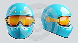 Modern realistic illustration of a 3D retro blue helmet with yellow glasses and visor isolated on white background for