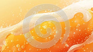 Modern realistic illustration of lager texture in glass with flowing white froth. Banner with orange fizzy brewery drink