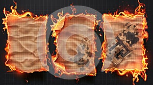 Modern realistic illustration of smoldering notebook pages with checked patterns and flames. Smoldering notebook pages