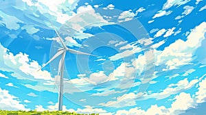 Modern realistic illustration of windmills with white vanes and blue sky with clouds. Alternative renewable energy