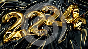 Modern realistic illustration of yellow chrome 3D figures, glossy metal decoration on sparkling satin drapery with