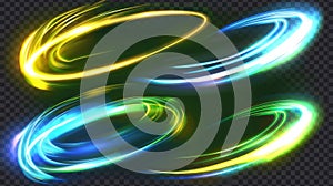 Modern realistic illustration of yellow, green, and blue circles and waves, abstract speed motion swirl, magic power