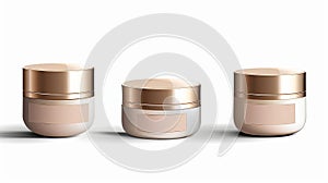 This modern realistic image represents a set of 3D cream jars isolated on white, with plastic or glass lids for skin