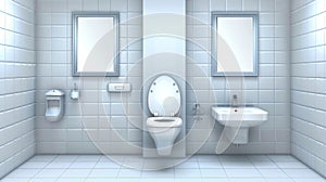 Modern realistic interior of a public restroom with a pissoir and an empty frame for a mirror on a tiled wall