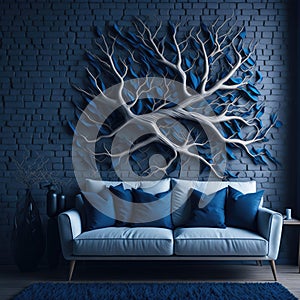 Modern Realistic Living Room Interior Design, Cozy Sofa Front Of Wall With Art Handmade Wood Branch Decorative Piece Panel,