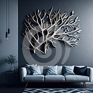 Modern Realistic Living Room Interior Design, Cozy Sofa Front Of Wall With Art Handmade Wood Branch Decorative Piece Panel,