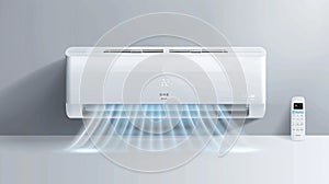 Modern realistic mockup of an air conditioner with cold wind flows and a remote control in a home room or office. An air photo