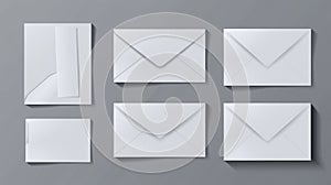 This is a modern realistic mockup of blank A4, DL, and C6 envelopes, letter covers, front and back views. It also shows