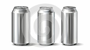 Modern realistic mockup of blank metal tin can with ring pull on lid isolated on white background showing front, top